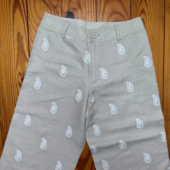 NWT Elie Tahari Linen Pants Womens Size 8 Tan Embroidered Paisley Boho Wide Leg - Picture 6 of 7